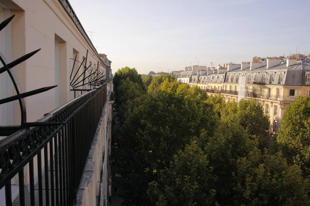 A view over tree-lined Parisian streets and traditional rooftops from the property.