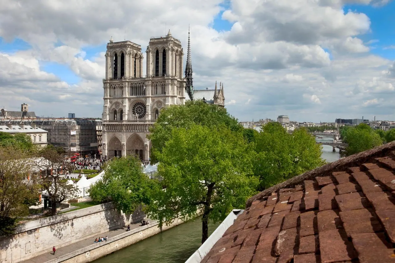 A rooftop view overlooks Notre-Dame de Paris, the Seine, and the surrounding city.